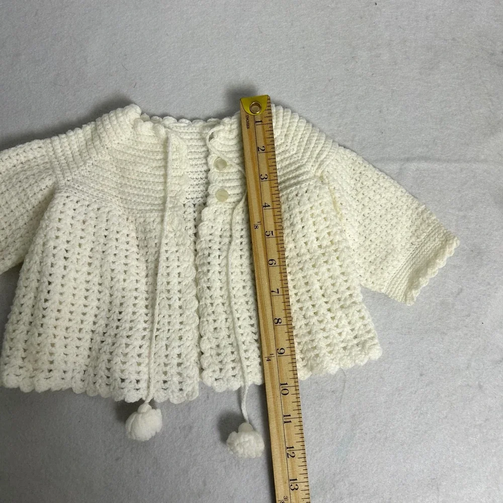 Handmade Kids Baby‎ Cream White Crochet Pom Pom Button Cardigan Sweater